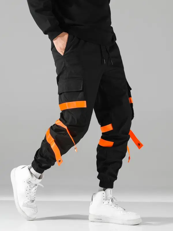 Men's Colorblock Drawstring Button Detail Cargo Pants, Construction Workwear, Regular Fit Fashion Casual Pocket Elastic Waist Trousers For Daily Wear, Men's Bottoms For Fall & Winter 0