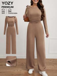 YOZY Women's Plain Bow Decor Ruched Boat Neck Jumpsuit, Casual Long Sleeve Jumpsuit for Daily Wear, Ladies Clothes for All Seasons