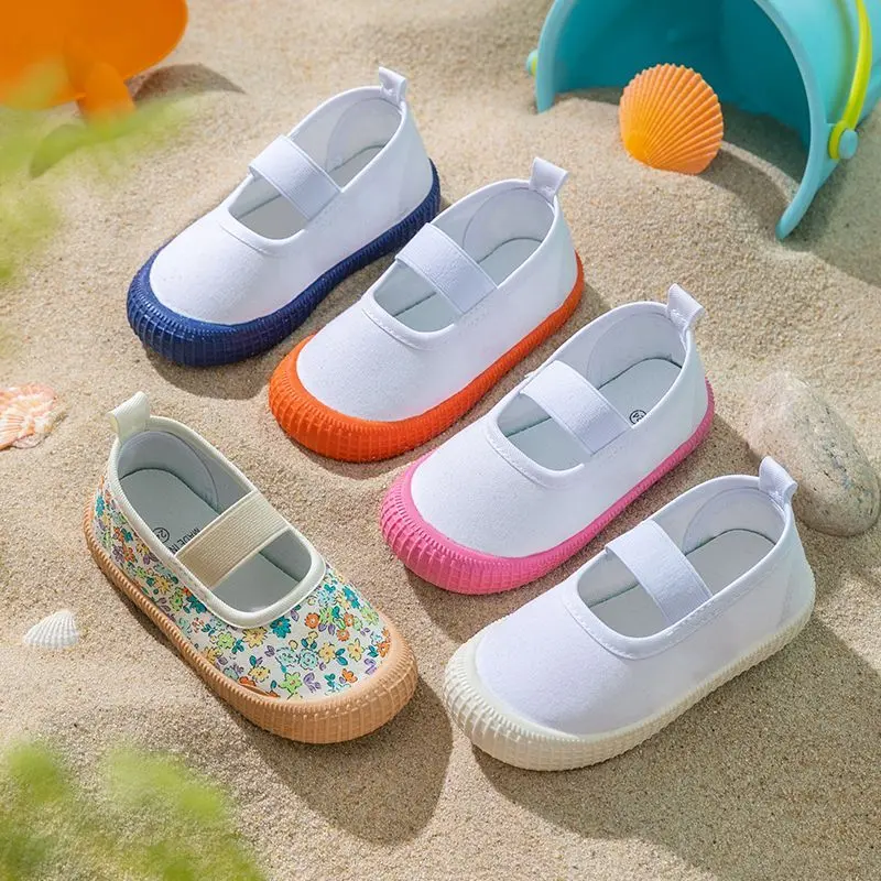 2025 Kindergarten White Shoes Candy Color Children's Cloth Shoes Boys and Girls Soft Bottom Non-Slip Indoor Shoes Japanese Campus Canvas Shoes