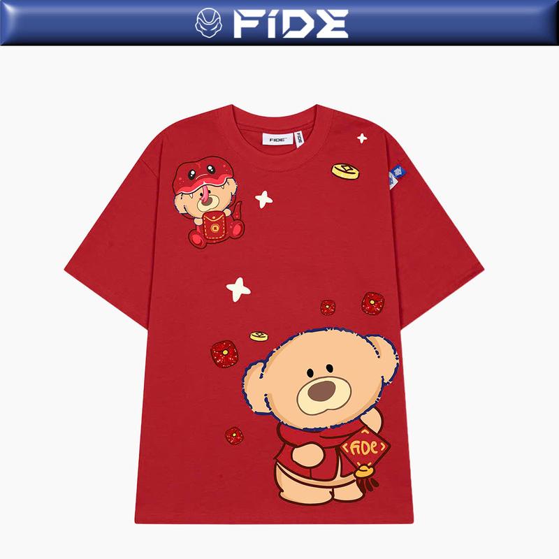 Áo thun JoyBear Tết FIDE TEDDY phông cotton unisex nam nữ Form rộng cổ tròn đính gấu - AT131