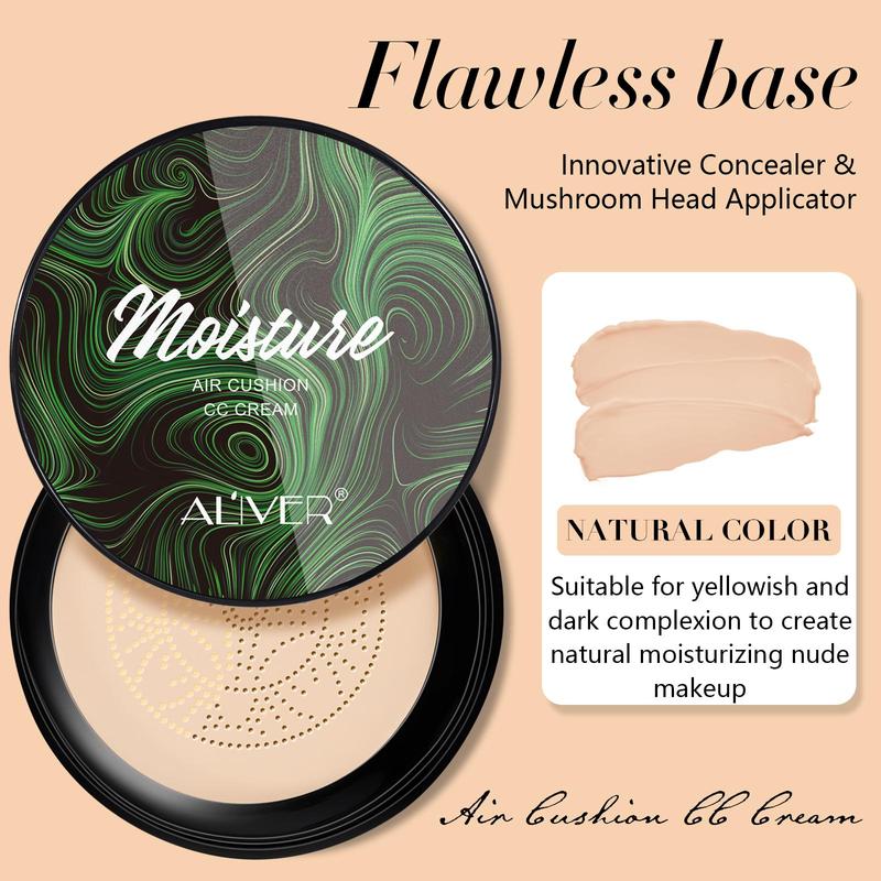 Moisturizing CC Cream with 2 Mushroom Head Powder Brush, 2 Counts/set Natural Long Lasting Makeup Foundation, Facial Makeup Product for Women 5
