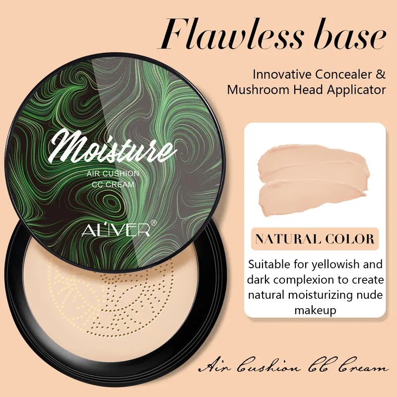 Moisturizing CC Cream with 2 Mushroom Head Powder Brush, 2 Counts/set Natural Long Lasting Makeup Foundation, Facial Makeup Product for Women 5