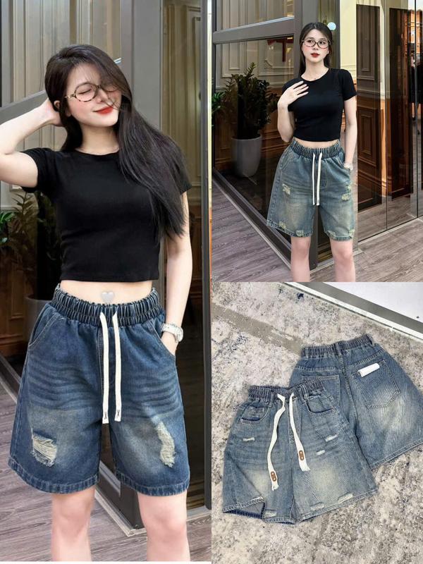    A6012  Quần Nữ Jeans Ngố Cạp Cao Lưng Thun Trẻ Trung Năng Động lửng Form Ống Suông Che Dáng-Dài 46cm-Mặc Đi Chơi Đi Dạo Phố Đều Đẹp Size:40-78kg-JIMMY PA 