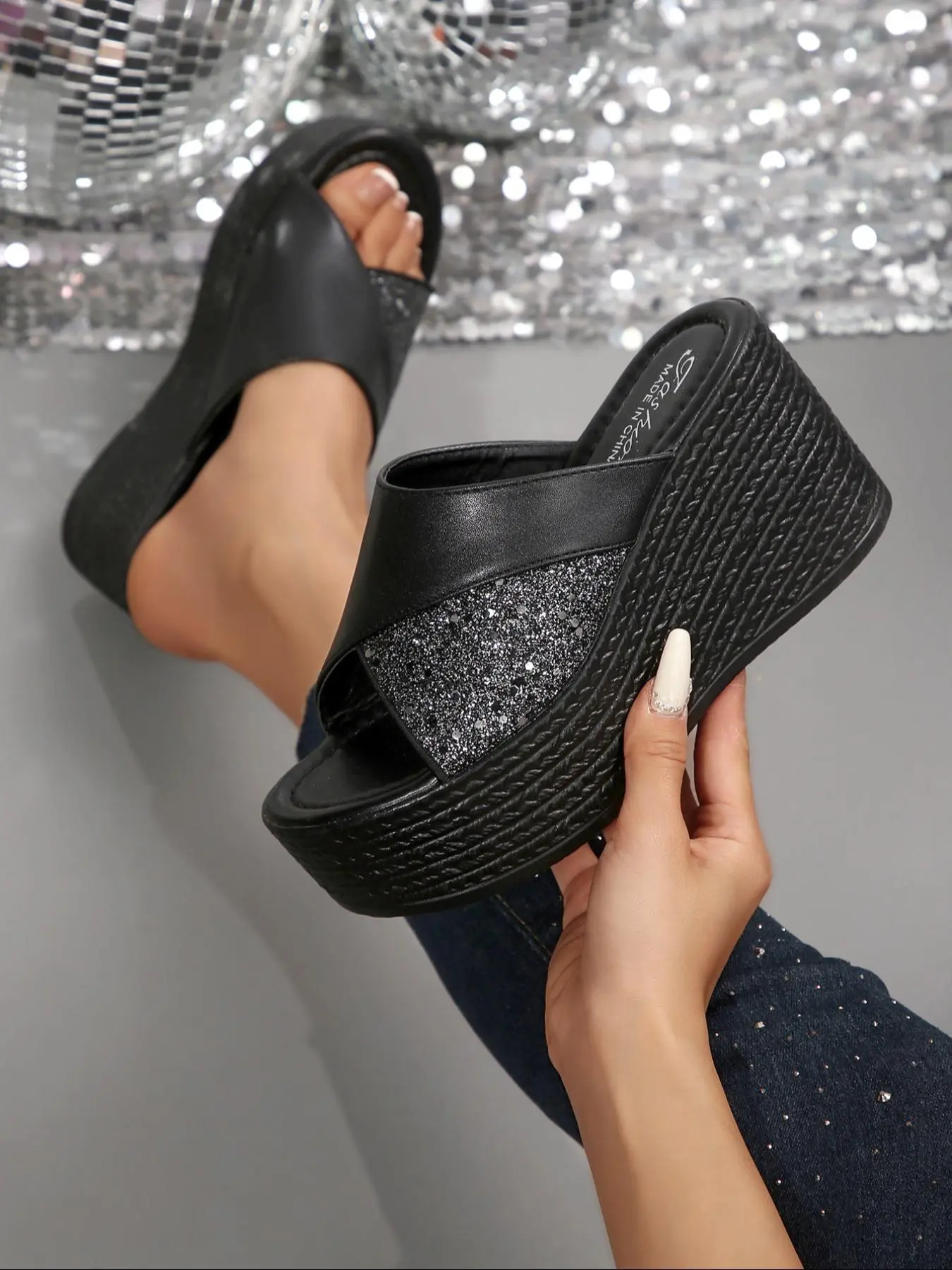 Women's Fashionable Glitter Decorated Platform Sandals, Casual Open Toe Wedge Sandals for Beach Vacation, All-match Commuter Shoes for Work & Daily Wear, Girl
