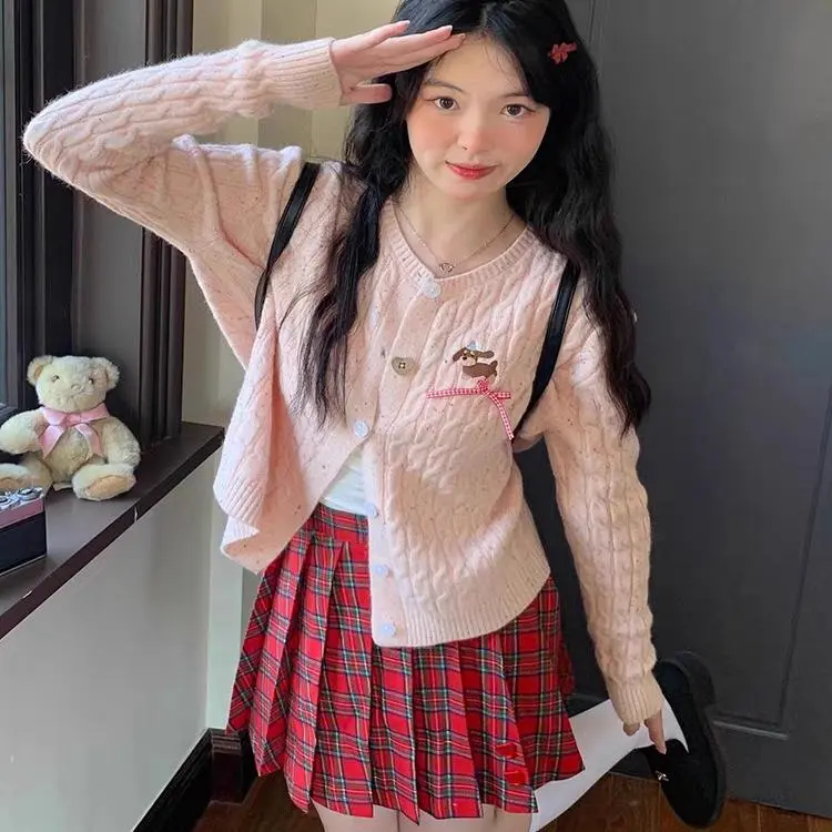 Áo Cardigan Dệt Kim Mỏng, Phong Cách Xoắn Màu Hồng, Ngọt Ngào Và Dễ Thương, Thích Hợp Cho Mùa Thu Sớm, Áo Khoác Len Thêu Mới, Dành Cho Nữ, Phong Cách Đại Học Women Top