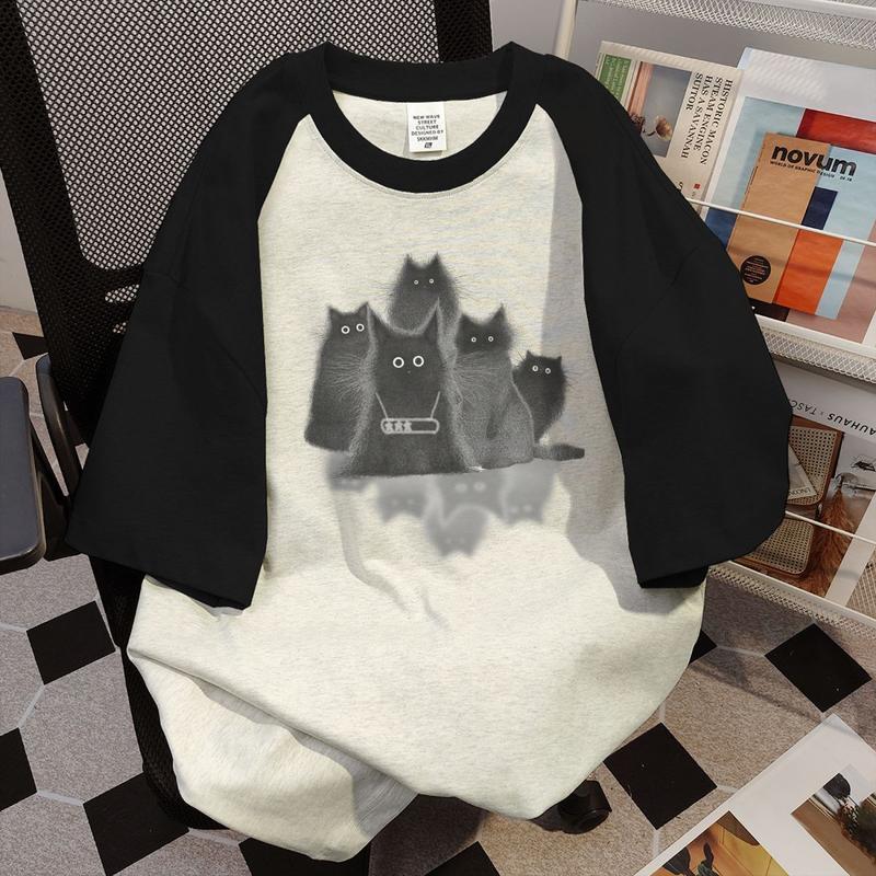 Product Introduction of American Retro T-shirt Women's 2024 Summer High Street Cat Printing Stitching Contrast Color Short Sleeve Design Loose Top 11