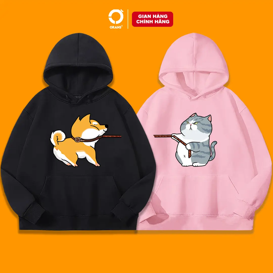 Áo đôi Hoodie in hình chó mèo kéo xích chất nỉ cotton lót Lông cao cấp form rộng unisex - ORANS HOODIE COUPLE 07