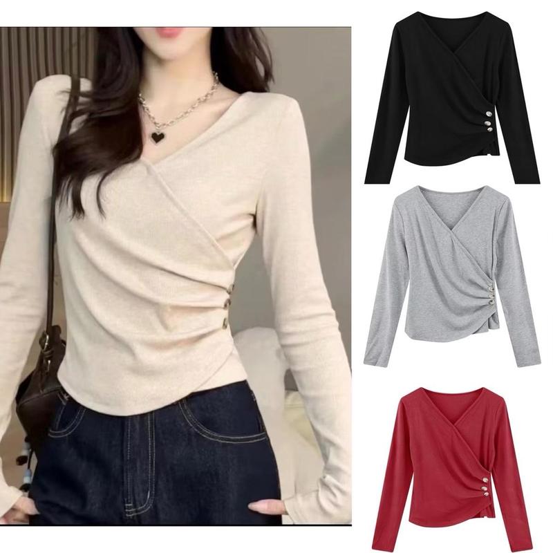 Áo Thun Nữ Dài Tay Cổ V Nhún Eo Đính Cúc Thời Trang Top Women A225