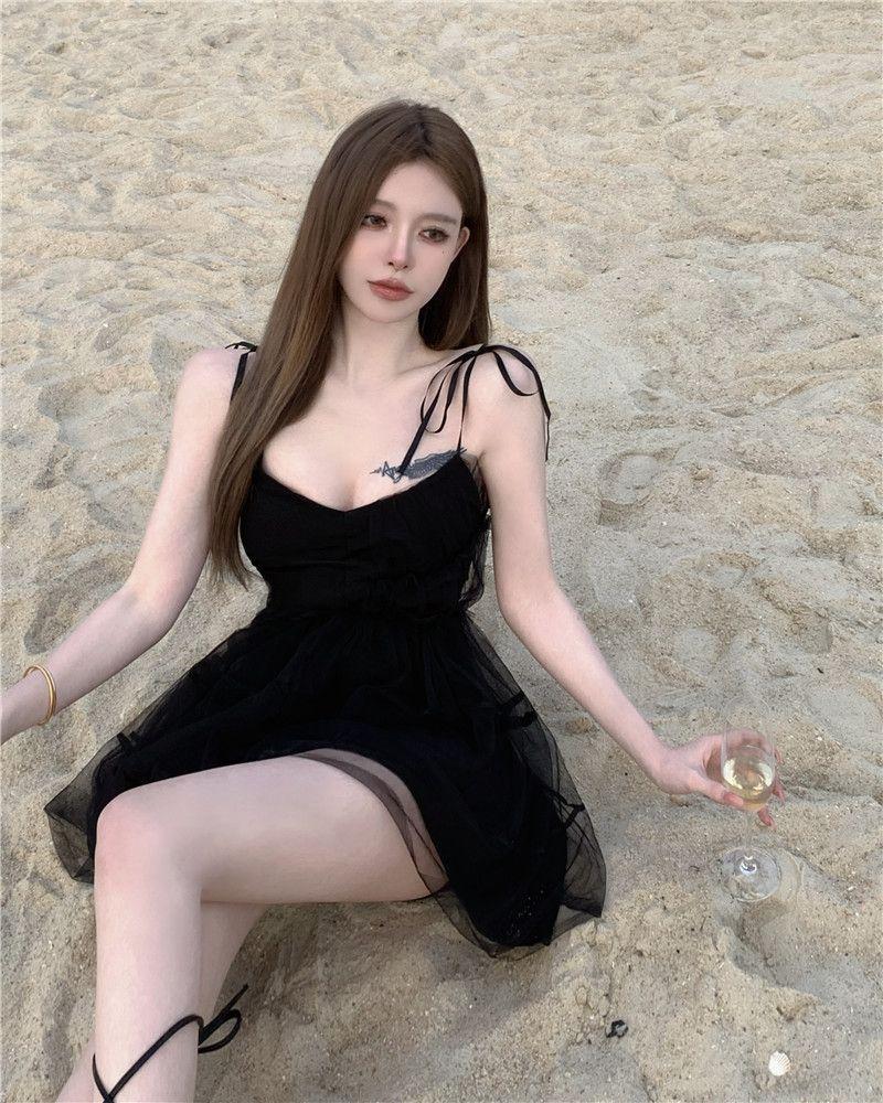 Product Introduction of #D2130# Sweet and Spicy Girl Mesh Sling Dress for Women Spring Black Ruffle Edge Short Skirt with Waist Closure Sexy Princess Fluffy Skirt Casual Womenswear Lingerie Lady Casual Wear Comfort Summer Basic Gowns 10