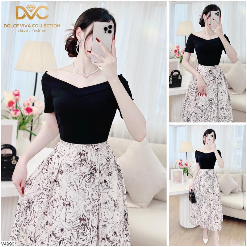 Product Introduction of V4990 Váy đầm đen phối chân váy hoa tiểu thư, sang chảnh thiết kế cao cấp- CHÍNH HÃNG DVC 18