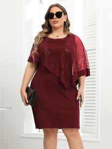 Vestido de Talla Grande con Brillo y Lentejuelas de Contraste, Manga Murciélago y Cuello Redondo, Ropa de Verano para Mujer, Vestido Corto Elegante de Malla de Contraste para Fiesta y Vacaciones, Ropa Plus para Mujer para el Verano