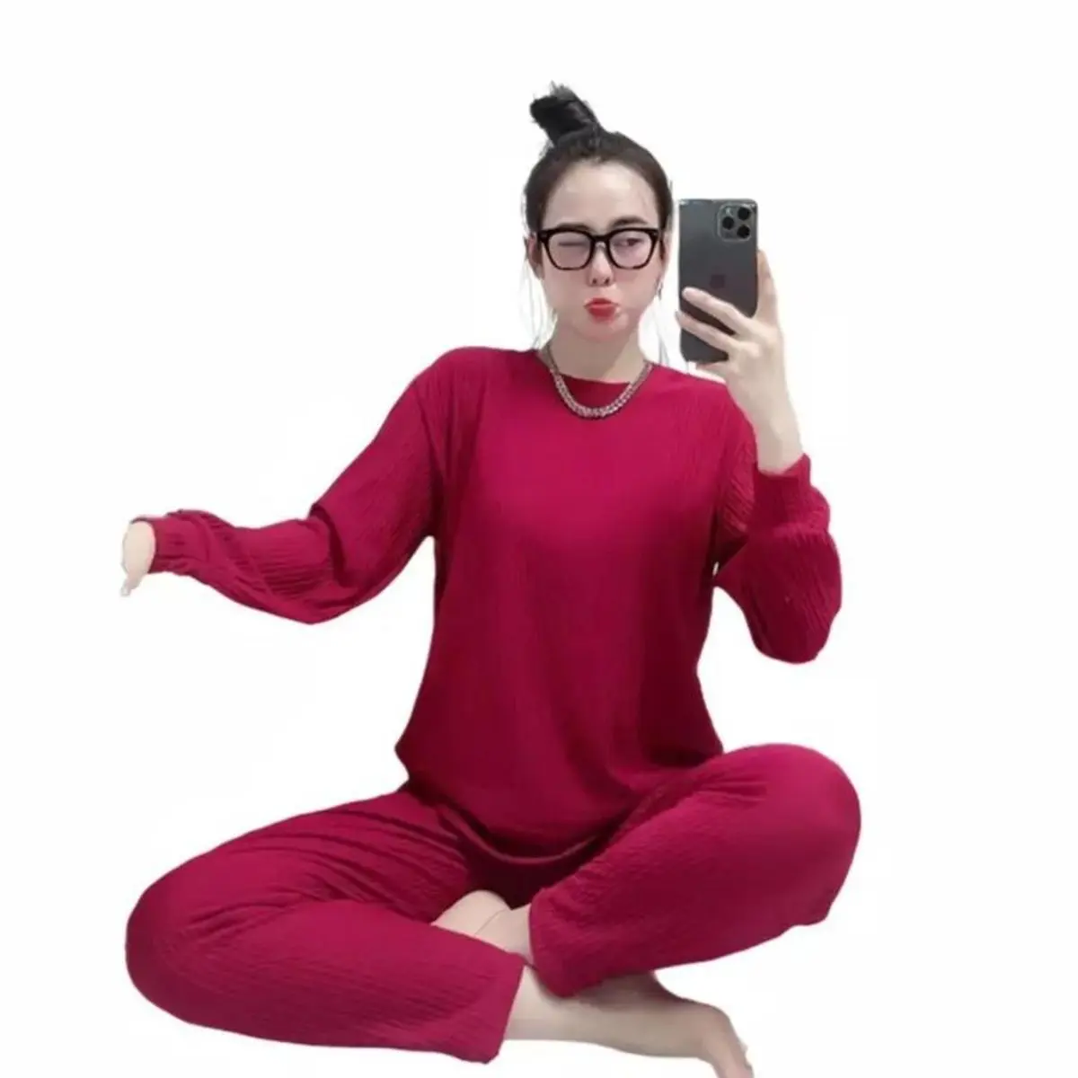 BỘ CỔ TRÒN Nữ Ủ KEM QUẦN ÔM GÂN TĂM LẠNH TAY DÀI  Top setthun set đồ bộ bigsize