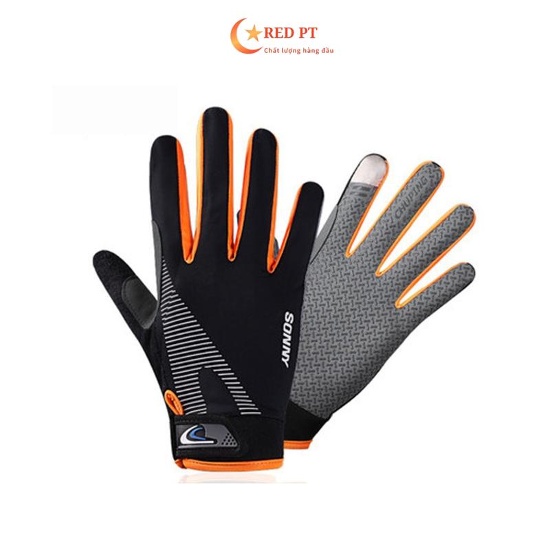 Găng tay chống nắng nam đi xe máy chống tia uv băng lụa SỌC SONNY cảm ứng chất lượng cao RED PT