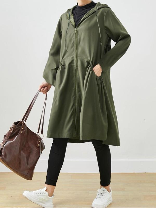 【Plus Size】 Solid Drawstring Hooded Jacket, Casual Long Sleeve Zip Up Outerwear for Fall & Winter, Women's Clothes for Daily Wear 4