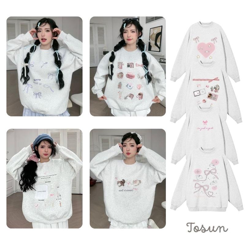TOSUN BST Áo sweater nỉ bông xám trắng form rộng nhiều hình phong cách Coquette S22