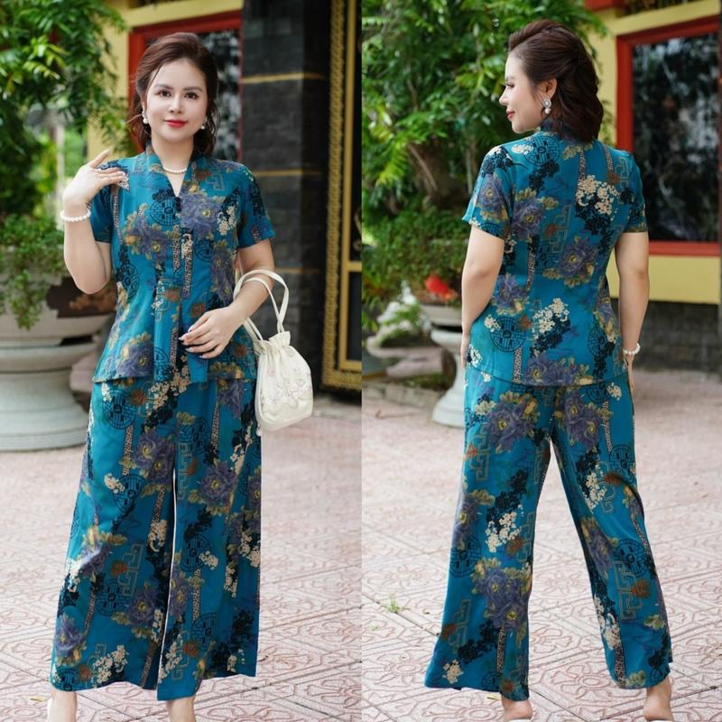 Ms30 Set Đồ bộ trung niên cách điệu cho mẹ áo có cổ quần ống rộng quần giả váy chất lụa nhập Nữ Top Women Ong Sen