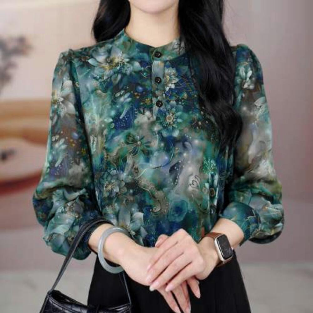 Tendblank kemeja cetak temperamen gaya baru wanita atasan elegan