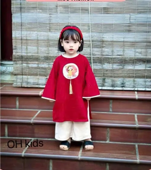 Bộ Áo Dài Cách Tân Cho Bé Gái Kèm Tua Rua, Áo Dài Cho Bé Từ 8-20kg [ Chữ An ]