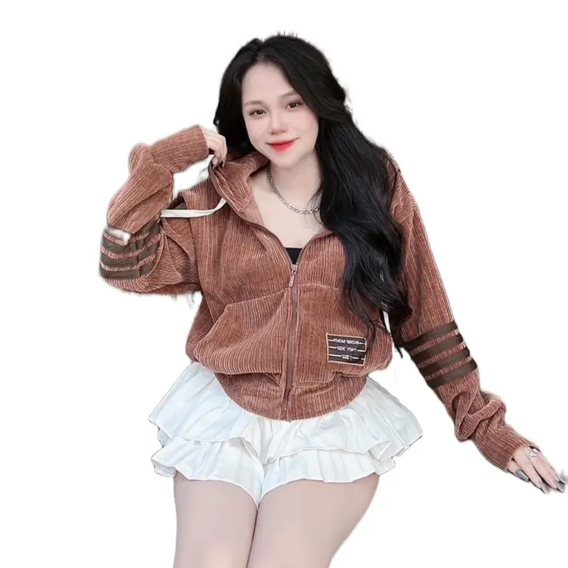 Áo khoác Nữ Phối Tay Sọc Có Mũ Chất Nhung Gân Bigsize 45-85kg 6