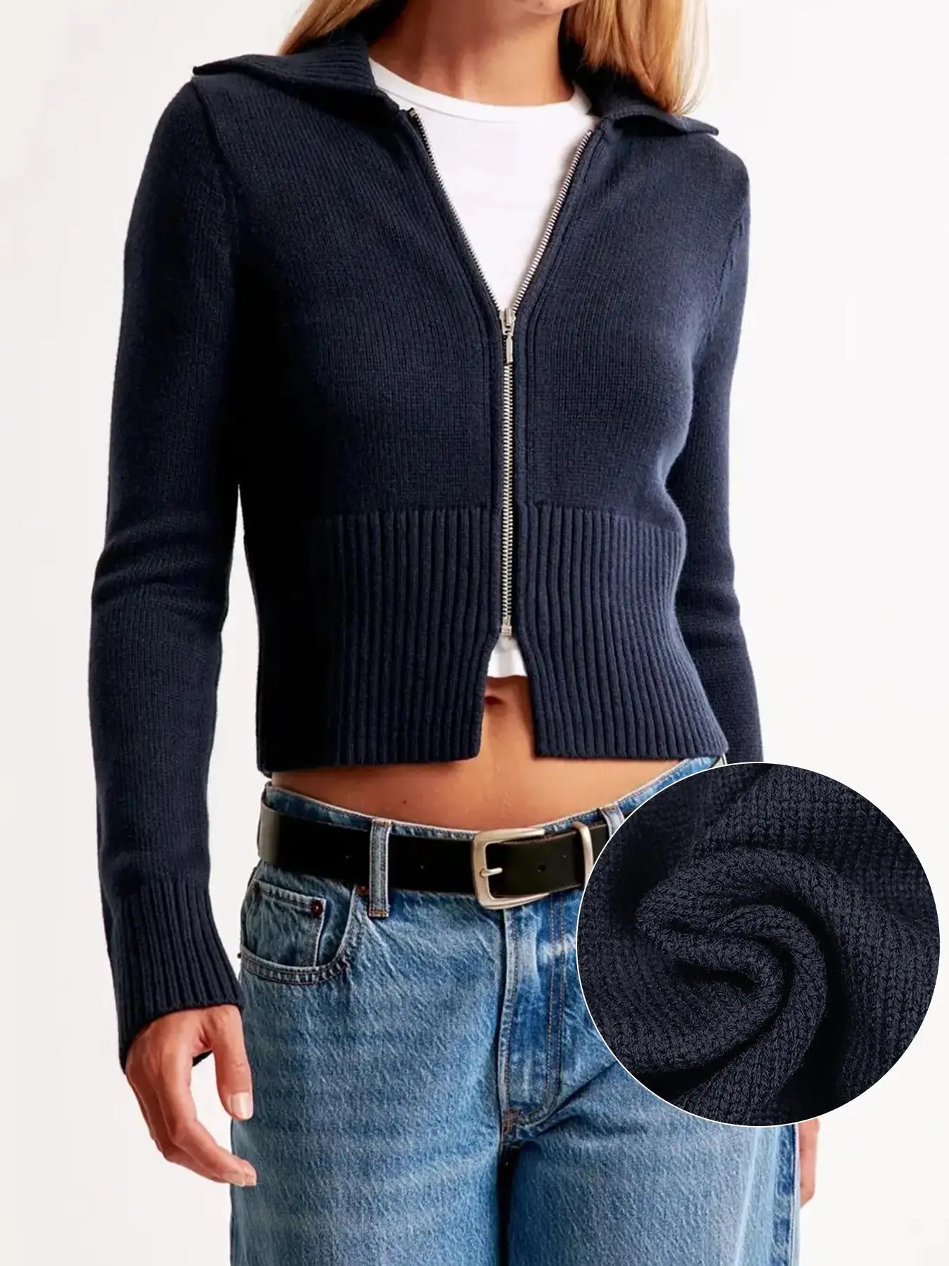 Women's Solid Color Zip Up Crop Sweater Cardigan, Casual Long Sleeve Collared Knitwear for Spring & Fall, Fashion Women's Knit Clothing for Daily Wear