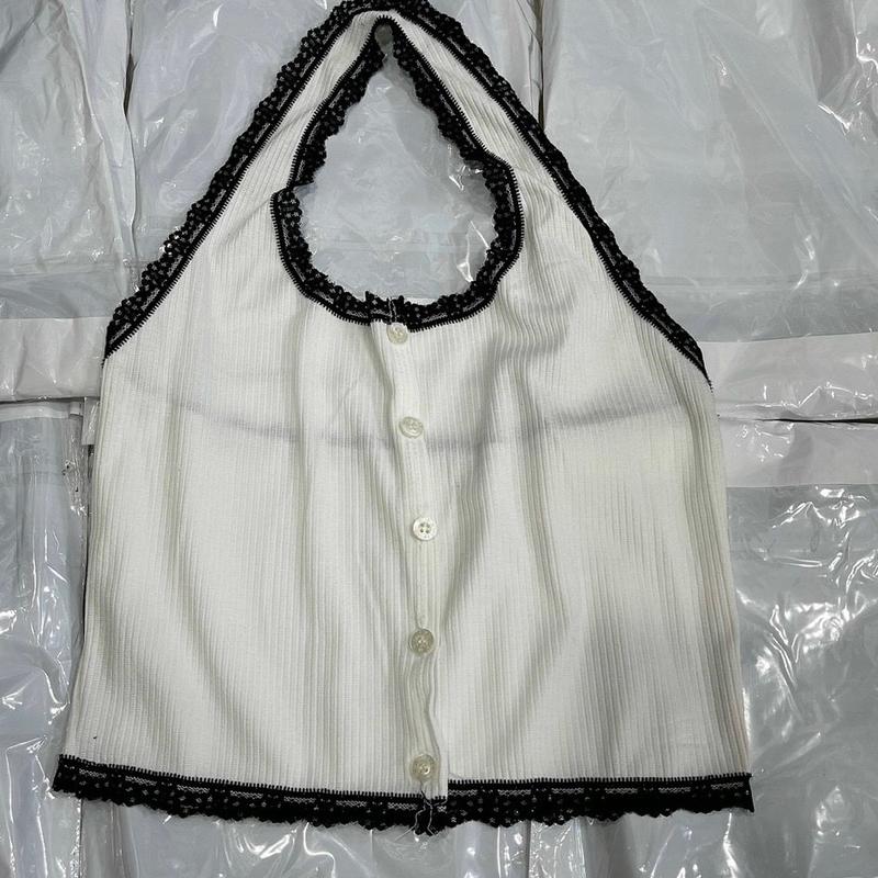 Áo thun yếm nữ crotop cài nút phối dây ren Women Croptop, Dáng Ngắn 2