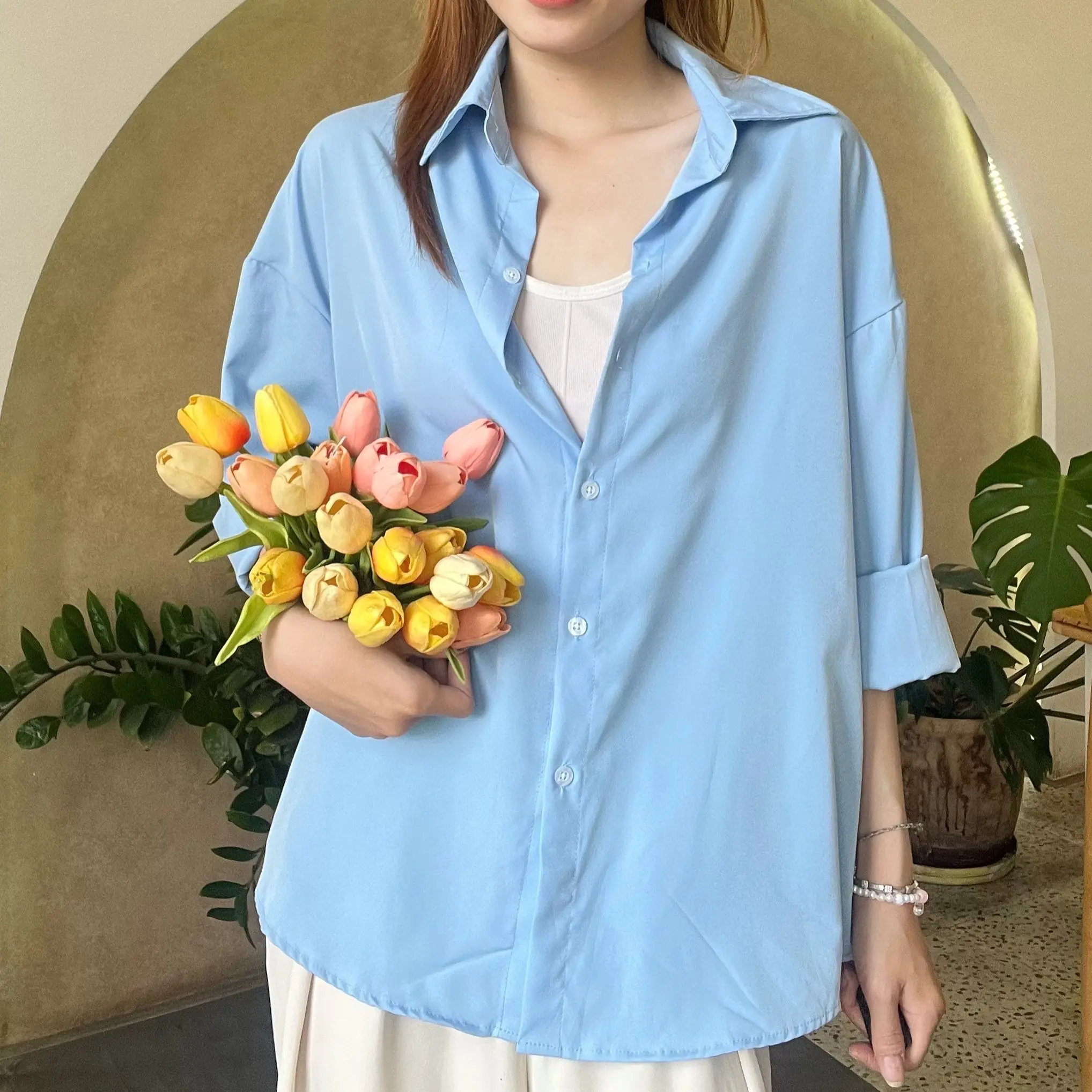 Áo sơ mi nữ dài tay form Rộng kiểu Hàn, vải lụa Cát Hàn Thoáng Mát, full màu pastel, AMI10