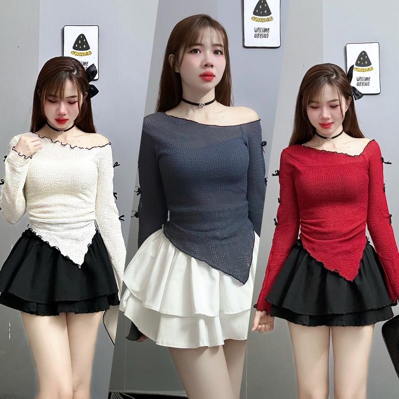 Set áo tay dài xẻ vai phối lưới hotrend Nữ Women Kem