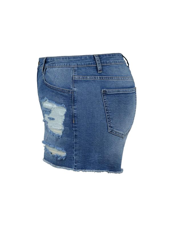 【Plus Size】High Waist Denim Shorts, Casual Fashion Ripped Denim Shorts for Daily Outdoor Wear, Women Plus Clothing for Summer 1