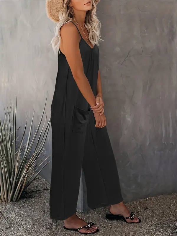 Women's Solid Color Pocket Jumpsuit, Casual Comfy Overalls Jumpsuit for Beach Vacation Holiday, Ladies Clothes for All Seasons 1