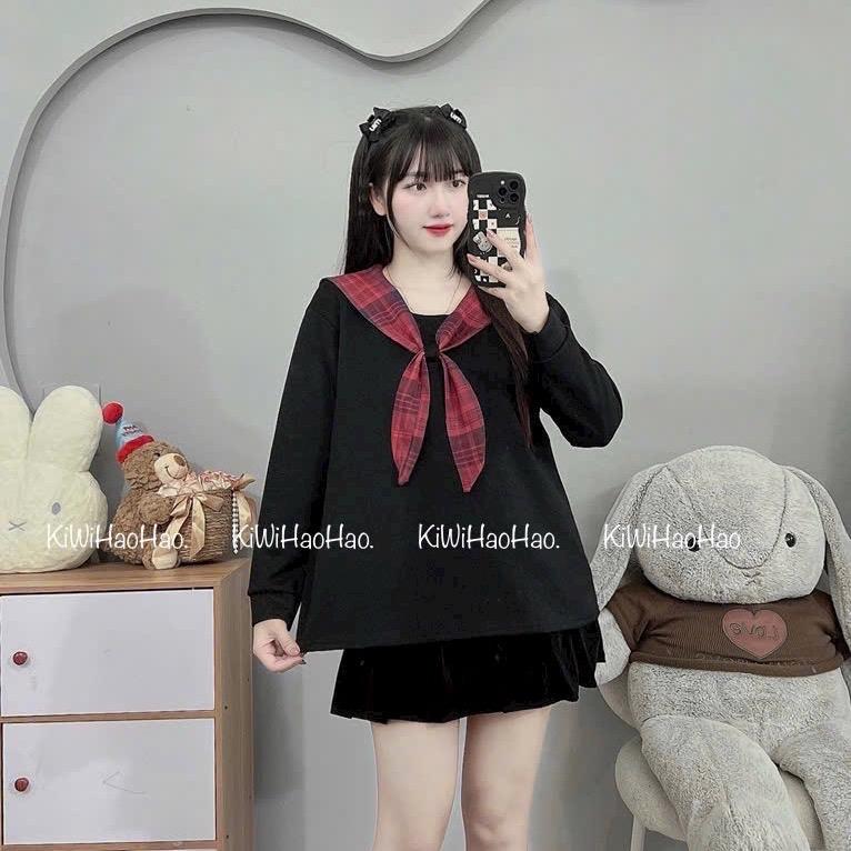  Áo bầu nỉ xuông rộng cổ nơ kẻ đỏ,chất umi hàn co giãn tốt,đanh vải dày dặn 