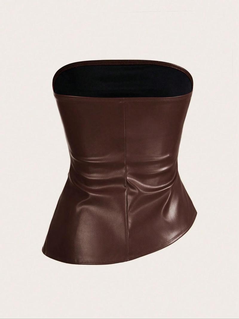 Product Introduction of Women's Solid Color PU Leather Tube Top, Fashionable Asymmetrical Hem Top for Daily Outdoor Wear, Ladies Clothes for Summer 6