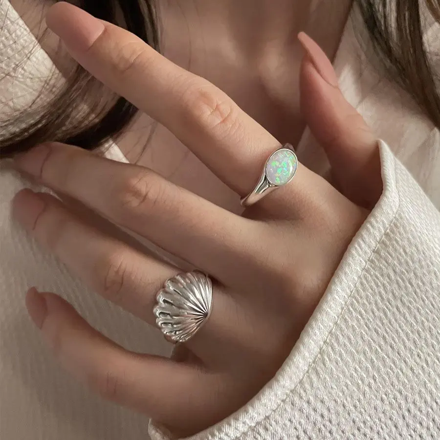 Cold Style Marine Sterling Silver Ring Female Shell Shape Opal Stone Niche Simple Ins Ring