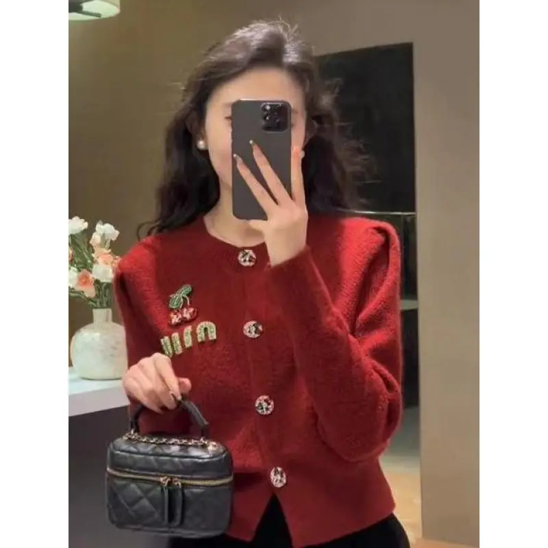Áo Len Phong Cách Thường Ngày Áo Cardigan, Thiết Kế Anh Đào, Áo Khoác Mùa Thu Đông, Hàng Mới Về, Phong Cách Hàn Quốc, Áo Cổ Tròn Chữ Ngắn