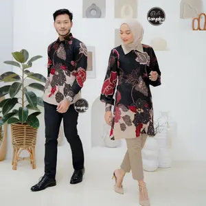 Batik Sugih Waras Couple Batik Tunik Wanita dan Kemeja Batik Pria Terbaru Motif Mawar Hitam kain katun