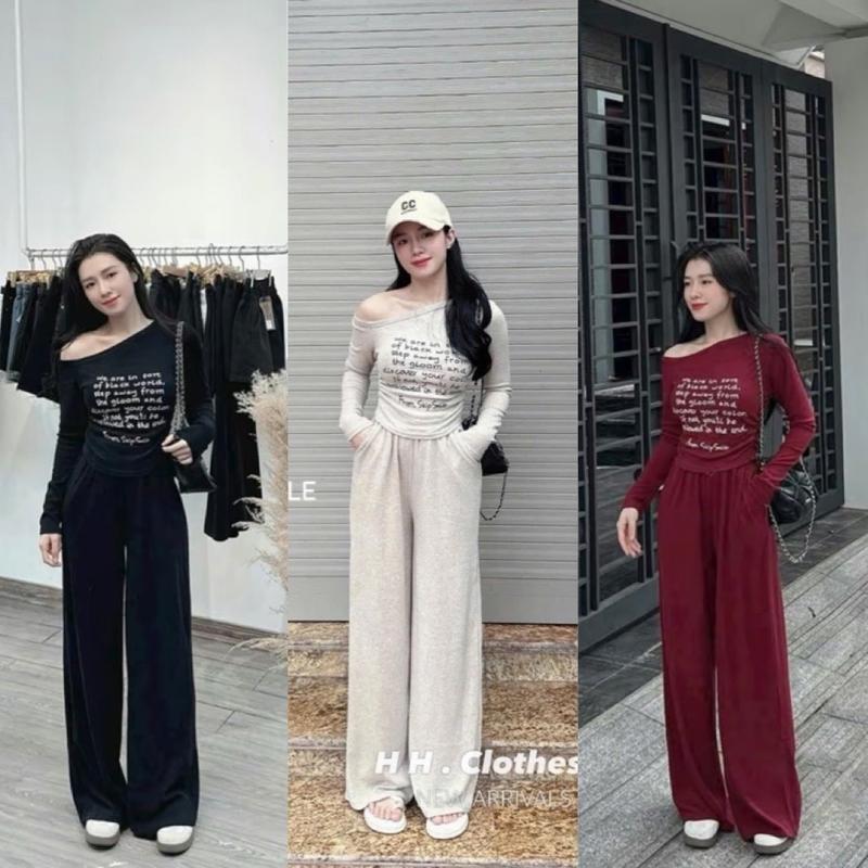 Sét Bộ Chữ Lệch Vai Quần Ống Suông Cá Tính Chất Len Lông Thỏ Mềm Đẹp Dành Cho Nữ by T.LINH STORE 68 Women Áo