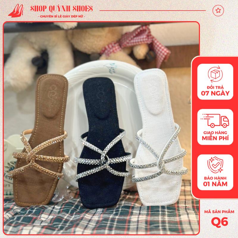 Dép lê nữ mũi vuông 3 dây xoàng sang chảnh êm chân, dép nữ quai chéo 3 dây đính đá đế TPR da PU - Shop Quỳnh Shoes Q6 DéP
