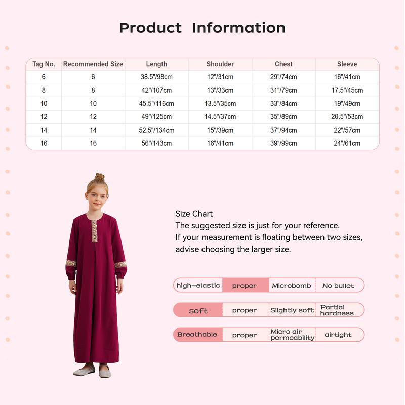 Product Introduction of Ocealan  Kids Girls Muslim Dresses Abaya Round Neck Long Sleeve Maxi Dress for Ramadan Theme Party Masquerade 0