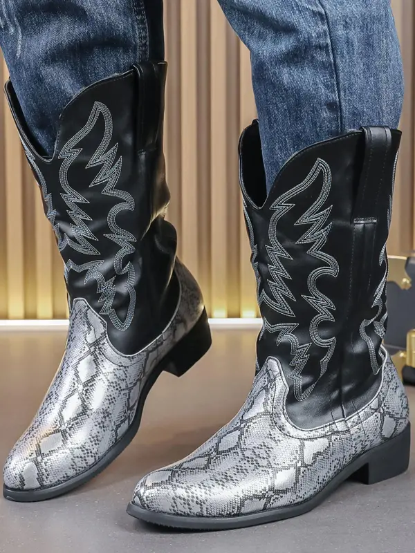 Men's Fashionable Snakeskin Print Embroidering Design Boots, Punk Style Cowboy Boots for Daily Wear, Fashion Vintage Shoes for Party, Daily Clothing Decor 7