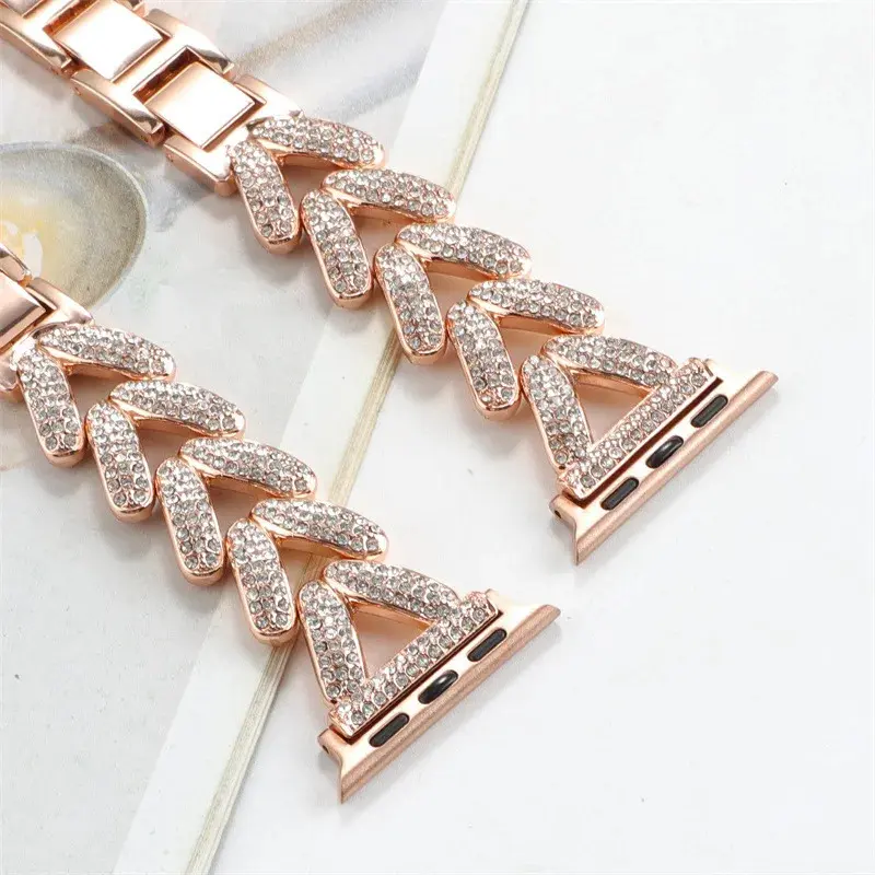 Dây đeo kim loại kim cương cho dây đeo Apple Watch, Tương thích với 41mm, 44mm, 45mm, 46mm và 49mm, Dây đeo thắt lưng nữ nâng cao, Thích hợp cho dòng iWatch 10, 9, 8, 7, SE, 6, 5, 4, Ultra, Vòng đeo tay Smartwatch 4