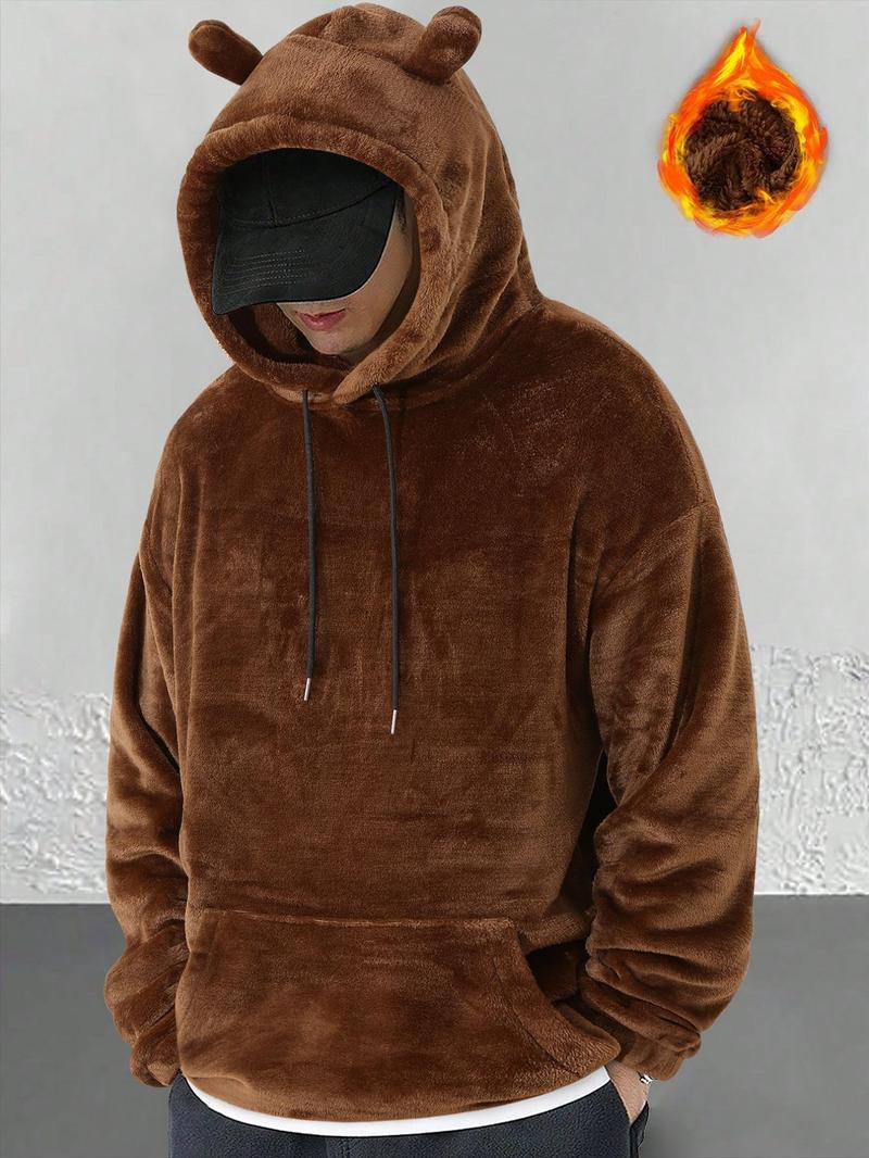 Product Introduction of Men's Solid Color 3D Bear Ear Design Hoodie, Casual Comfy Regular Fit Drop Shoulder Long Sleeve Hooded Sweatshirt for Daily Wear, Men's Clothes for Fall & Winter 1