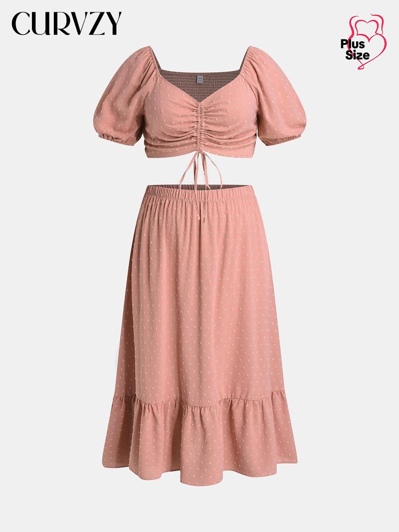 Product Introduction of CURVZY Plus Size Ruched Shirred Puff Sleeve Blouse & Ruffle Hem Skirt Set, Boho Swiss Dot Drawstring Sweetheart Neck Top & Long Skirt For Beach, Co Ords for Women, Women's Two-Piece Outfits For Summer & Autumn 6