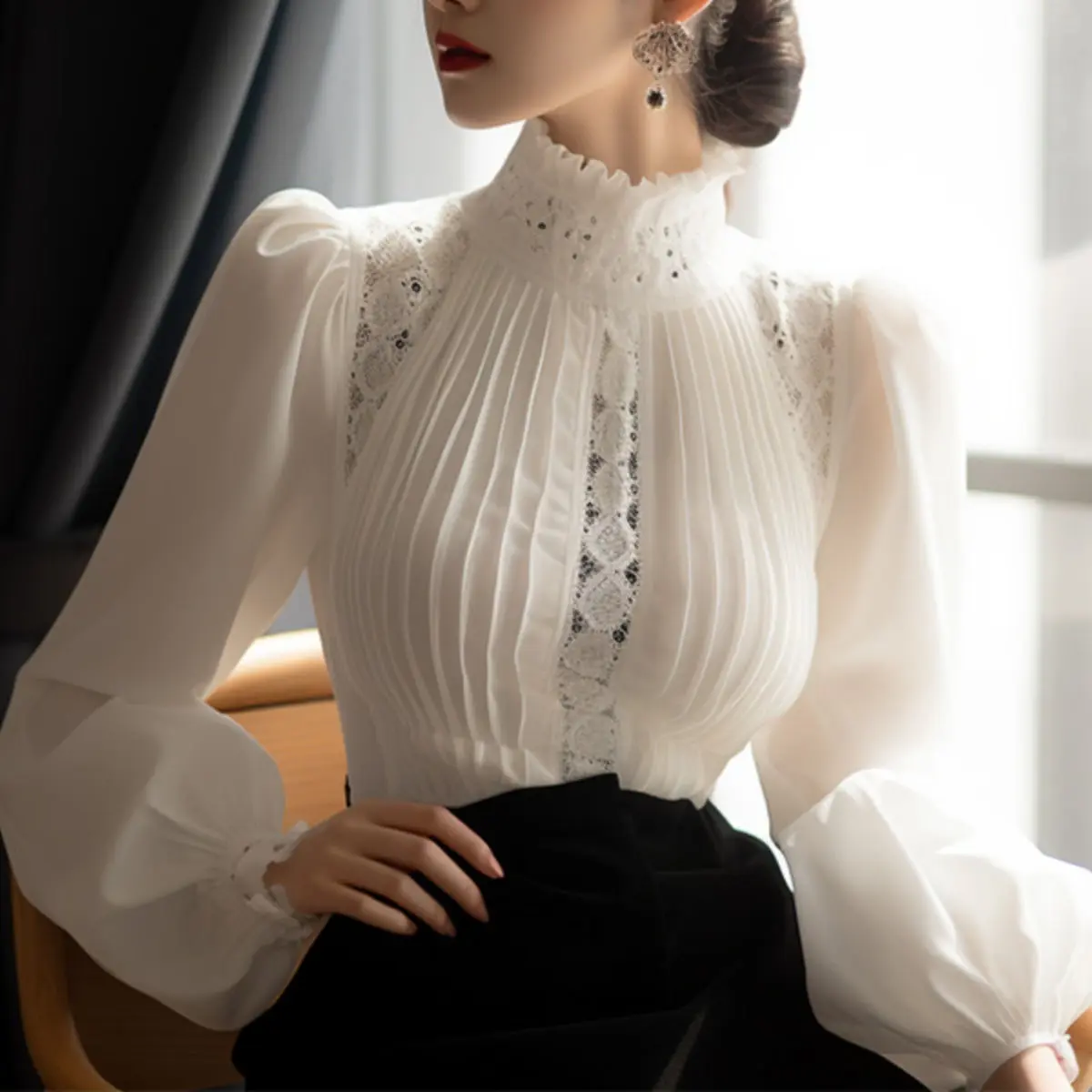Áo Sơ Mi, Hàng Mới Về Mùa Xuân, Cao Cấp, Siêu Đẹp, Tay Phồng Màu Trắng, Cổ Chân Đế Cho Nữ, Phổ Biến Năm Này, 2024 Top Women Shirt