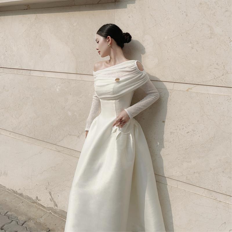 SOLEIL - Váy Đầm Yoon Dress Thiết Kế Nữ Chéo Khoét Vai Chiết Eo Dài Tay Dáng Bồng Tăm Hoa Phối Taffeta Tiểu Thư Sang Trọng Đi Tiệc Đi Chơi Thường Ngày Women VD83 5