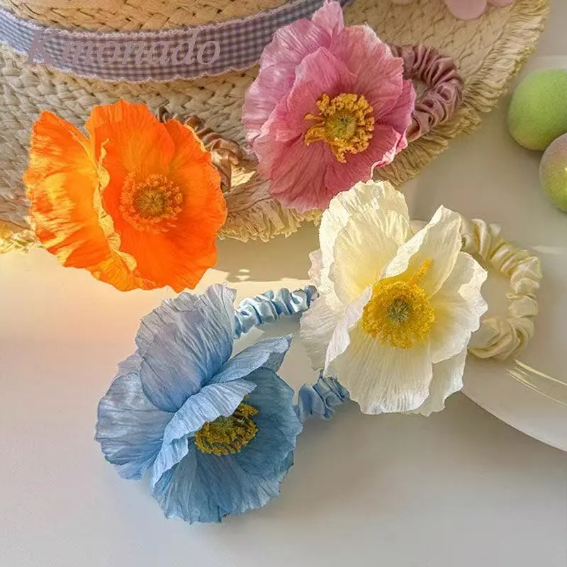 Poppy Flower Scrunchie Fabric Hair Tie Egg Flower Hairband for Women