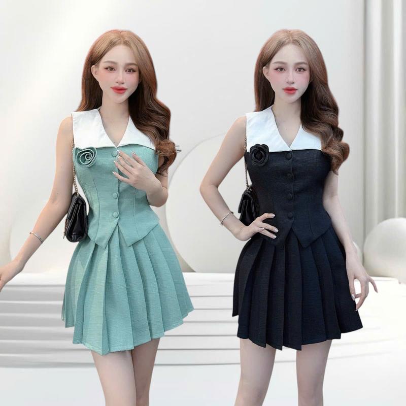 Set áo váy thiết kế CRAZYTEEN S5798 dành cho nữ gồm áo cổ vest tay ngắn peplum và chân váy xếp ly ( Áp pelum/ Chân váy )