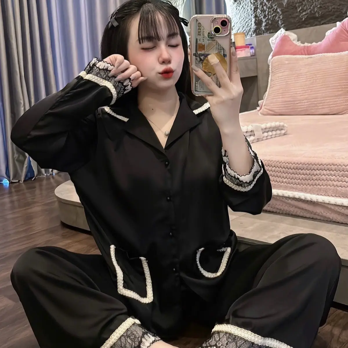 Sét bộ ngủ pijama viền ren 2 túi chất lụa latin mềm mịn mát freesize 40-60kg - Nữ - Nho do boxinh