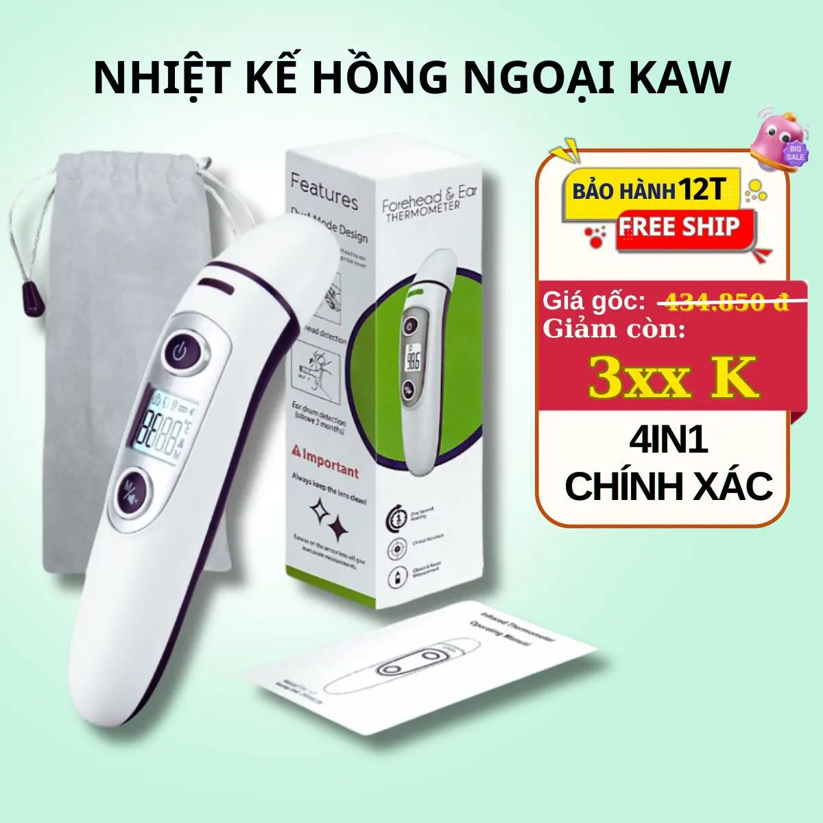 Nhiệt kế hồng ngoại đa năng đo trán KAW đo nhanh, chính xác - Dụng Cụ Đo Nhiệt Độ Cơ Thể Bảo Hành 12 Tháng