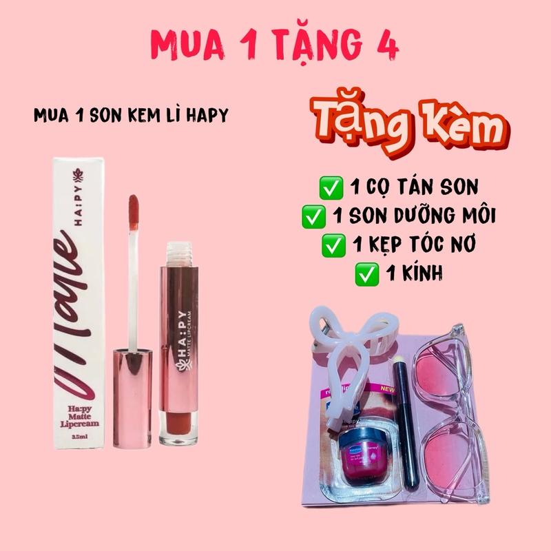 Son Kem Lì Hapy - Dung tích 3,5g kháng nước lâu trôi ( không kháng dầu mỡ) Lên Màu Đẹp Tự Nhiên.[ Mua 1 Son Tặng Kèm 4 Món ]