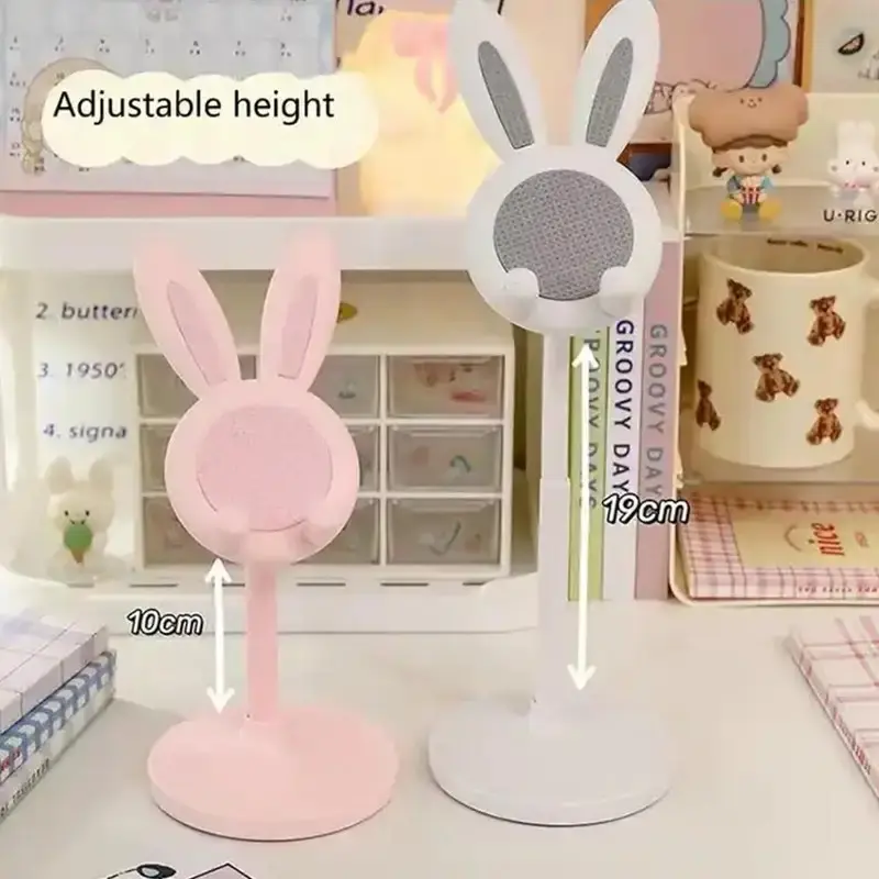 Pink Phone Holder Desktop Cell Phone Stand For iPhone 13 14 Smartphone Adjustable Lovely Rabbit Cartoon Table Support Plastic Cellphones Mount