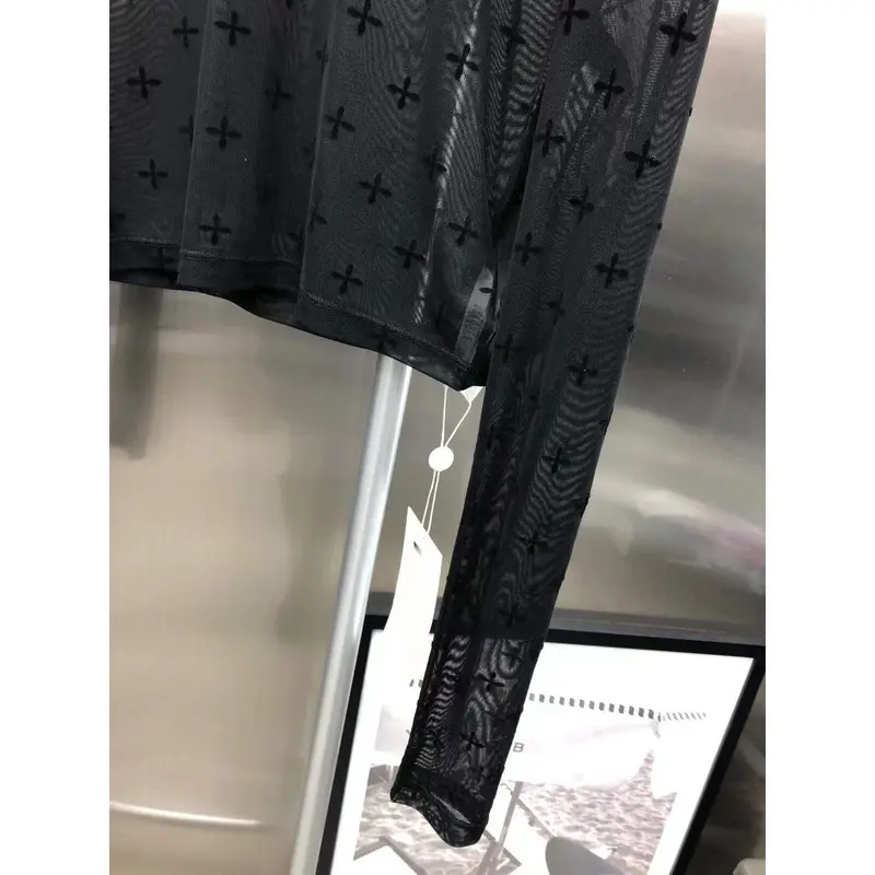 Áo Thun Turtleneck Trong Suốt, Vườn Đêm Đông Xứ Đông Nam, In Đổ Xô Chéo Dài Tay, Áo Lớp Nền Lưới, Đầu Xuân 2022 Menswear Cổ Tròn 1